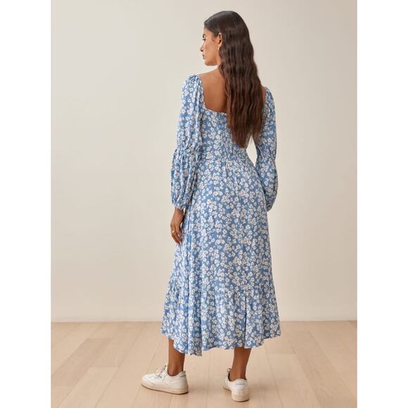 Reformation Mica Square Neck Floral Midi Dress in Daniella Blue White Size 4 - Picture 4 of 8